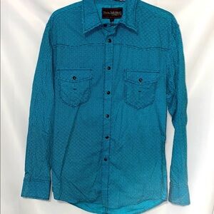 ROCK & ROLL COWBOY WESTERN SHIRT SIZE MEDIUM PEARLSNAP BUTTONS TEAL BLACK DESIGN